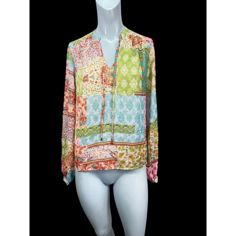 Women's NWT M maison d' amelie top Long Sleeve Multicolored Print Metallic